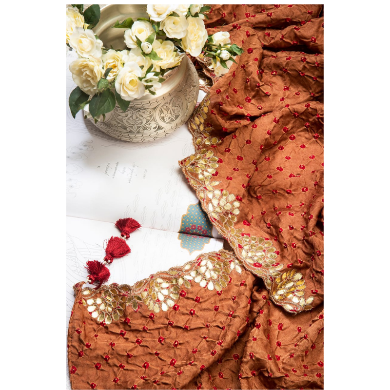 Hand Embroidered Burnt Sienna Bandhani With Gota Patti Dupatta