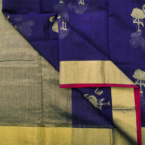 Handwoven Navy Blue Chanderi Silk Sari - WIIHSBHARIDNAM007 - Body View