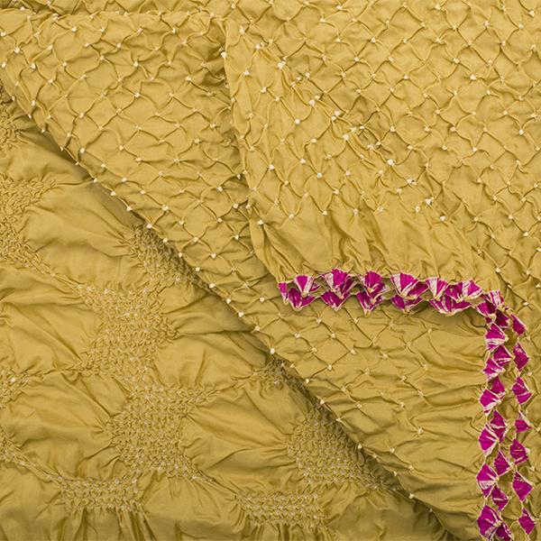 HANDWOVEN KHAKI HABUTAI BANDHANI SILK SARI-WIIAJB332 150- Fabric View