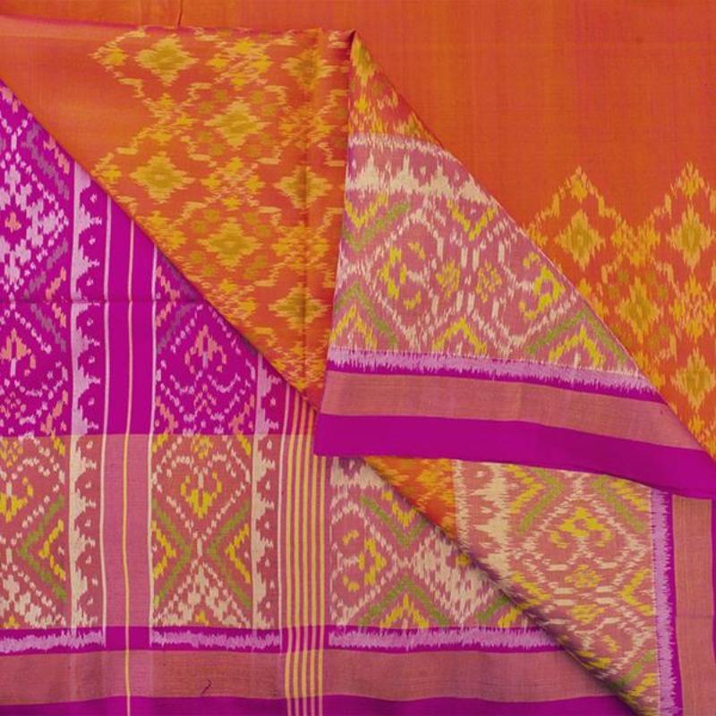 HANDWOVEN PINK AND ORANGE RAJKOT SINGLE IKAT PATOLA SARI-WIIPATANARIDNAM2980219A- Body View