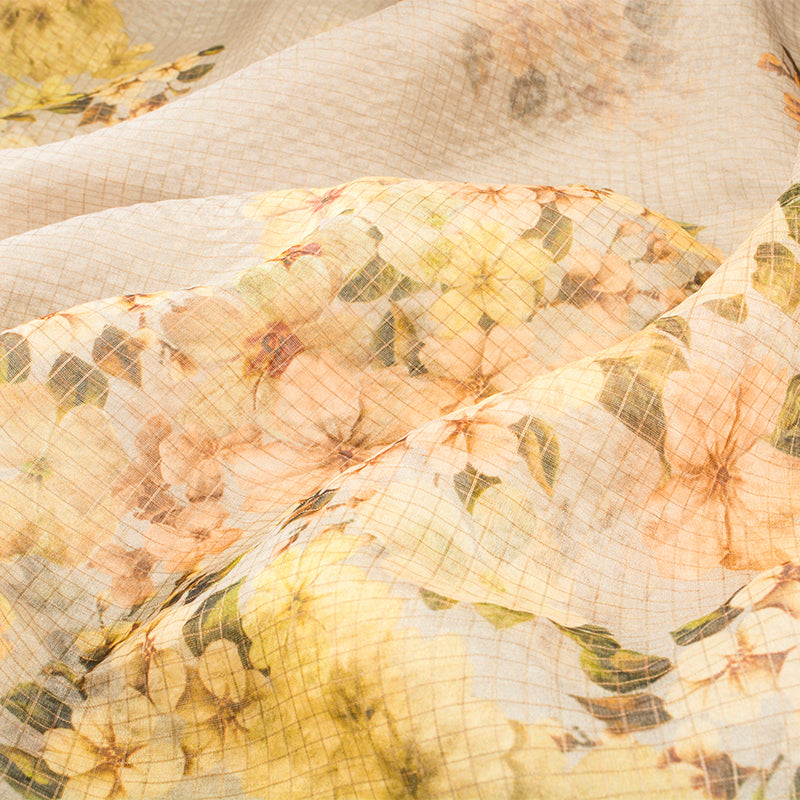 Stone Grey Digital Printed Organza Checks Saree