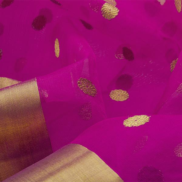 Handwoven Fuchsia Chanderi Silk Sari with Coin Buttas - WIIHSBHARIDNAM011 - Fabric View