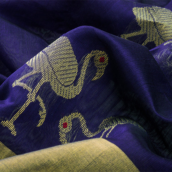 Handwoven Navy Blue Chanderi Silk Sari - WIIHSBHARIDNAM007 - Fabric View