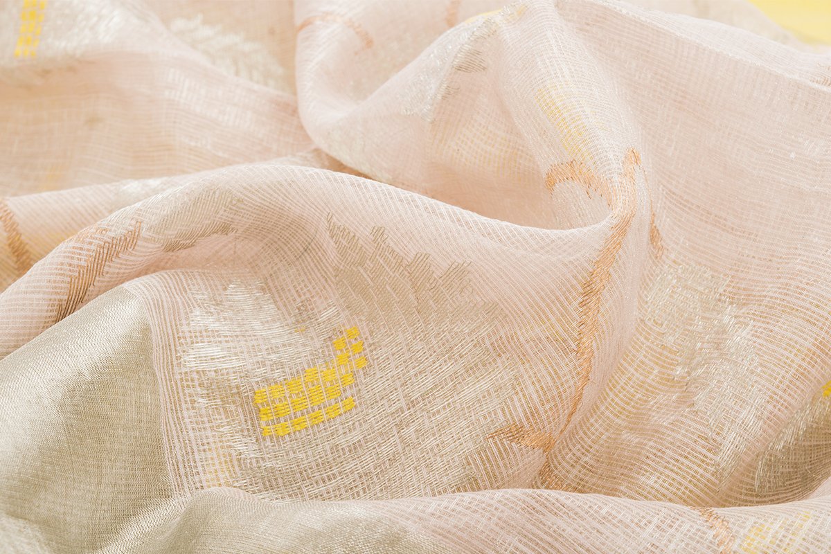 Handwoven Salmon Pink Kota Silk Sari - WIINRM032 - Fabric View