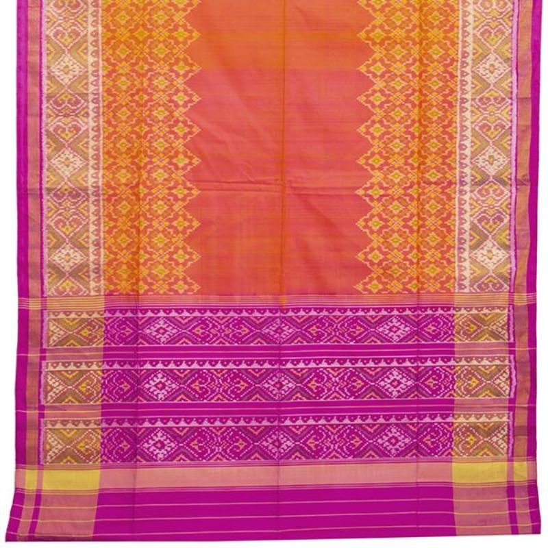 HANDWOVEN PINK AND ORANGE RAJKOT SINGLE IKAT PATOLA SARI-WIIPATANARIDNAM2980219A- Full View