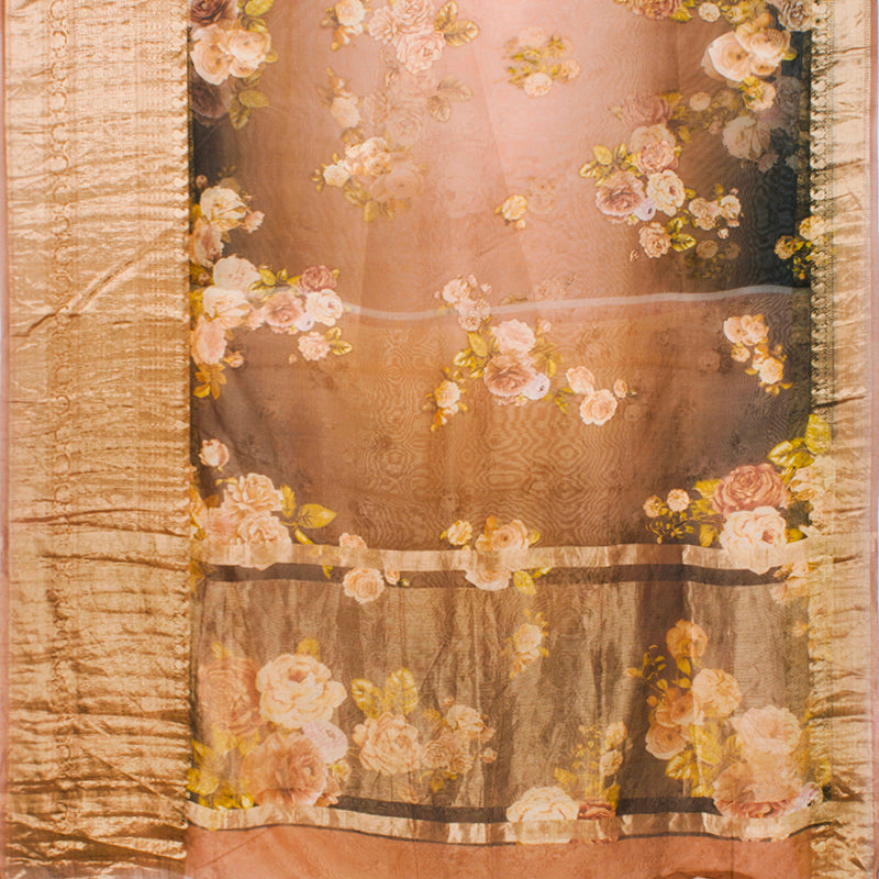 Chocolate to Salmon Pink Digital Printed Organza Saree