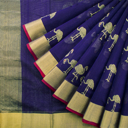 Handwoven Navy Blue Chanderi Silk Sari - WIIHSBHARIDNAM007 - Cover View