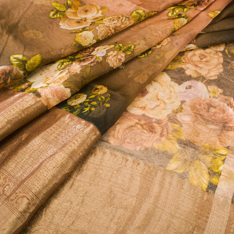 Chocolate to Salmon Pink Digital Printed Organza Saree