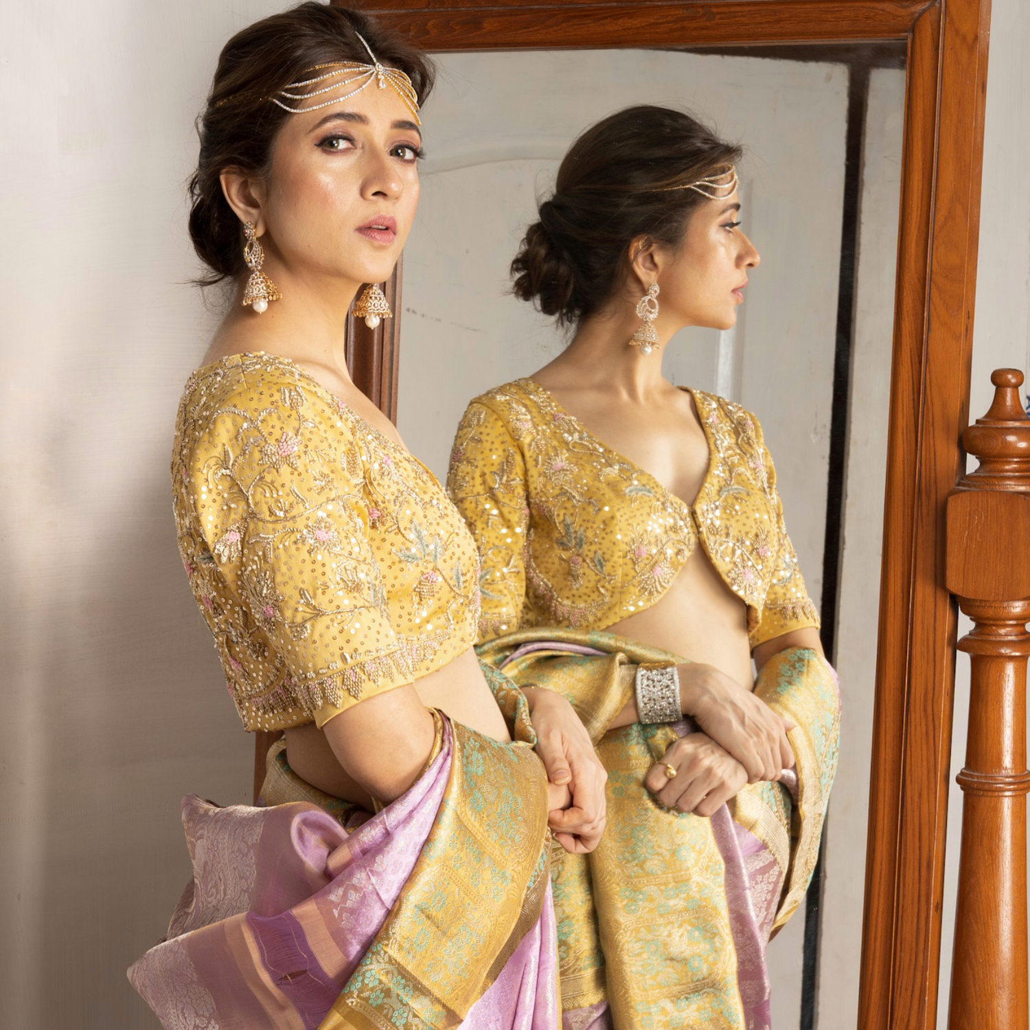 Indian women in Pink Kanjivaram Silk Saree