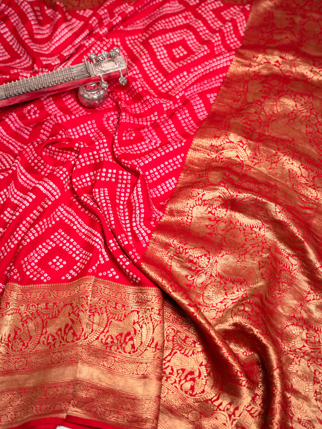 Women wearing real red bandhani saree