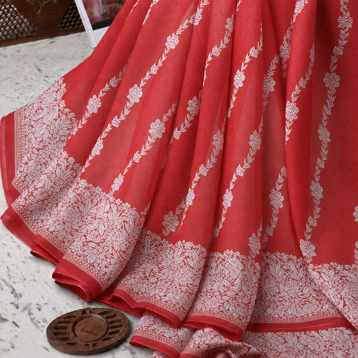 Scarlet Red Handwoven Banarasi Kora Organza Saree