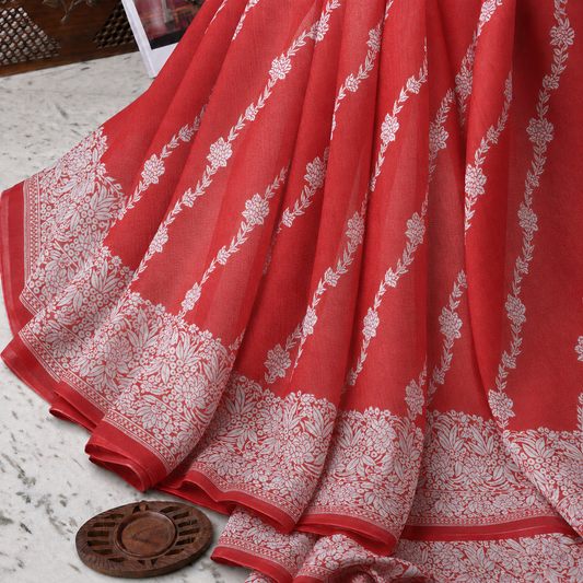 Crimson Red Handwoven Banarasi and Parsi Gara Amalgamation Saree
