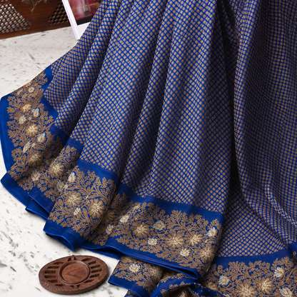 Royal Blue Handwoven Banarasi Khaddi Georgette Saree with Copper & Silver Zari Border