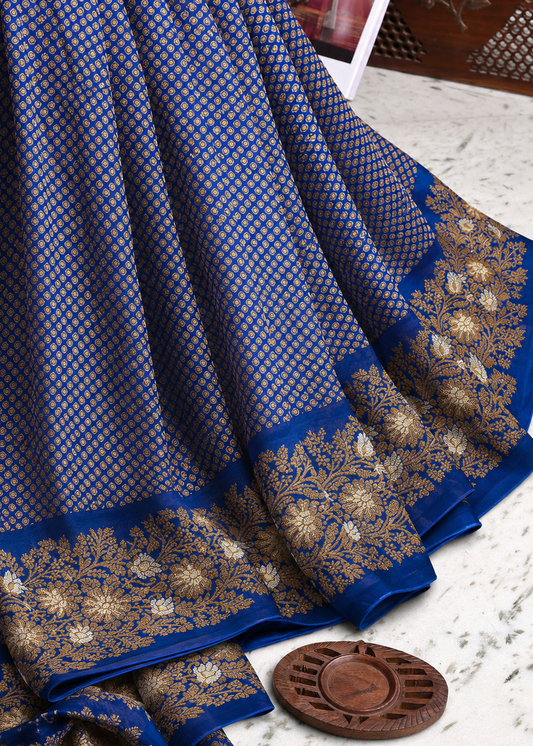 Royal Blue Handwoven Banarasi Khaddi Georgette Saree with Copper & Silver Zari Border