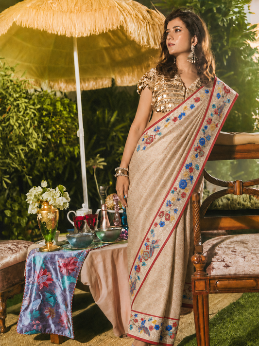Handwoven Paani Gold Banarasi with a Hand Embroidered Parsi Garra Border