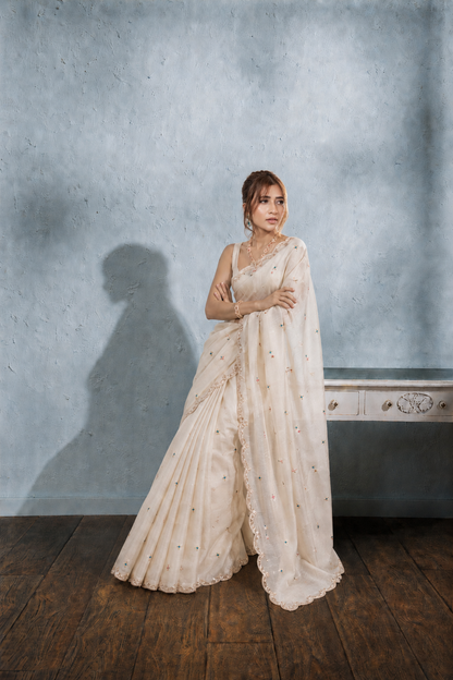 Off White Cotton Saree with Floral Embroidery and Gota Patti Border
