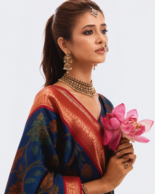 Navy Blue Kalamkari Saree with Kanjivaram Border