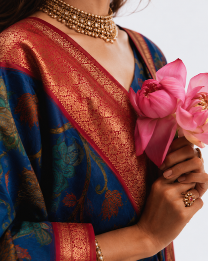 Navy Blue Kalamkari Saree with Kanjivaram Border