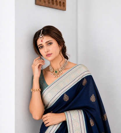 Navy Blue Tissue Silk Saree with Broad Banarasi Border