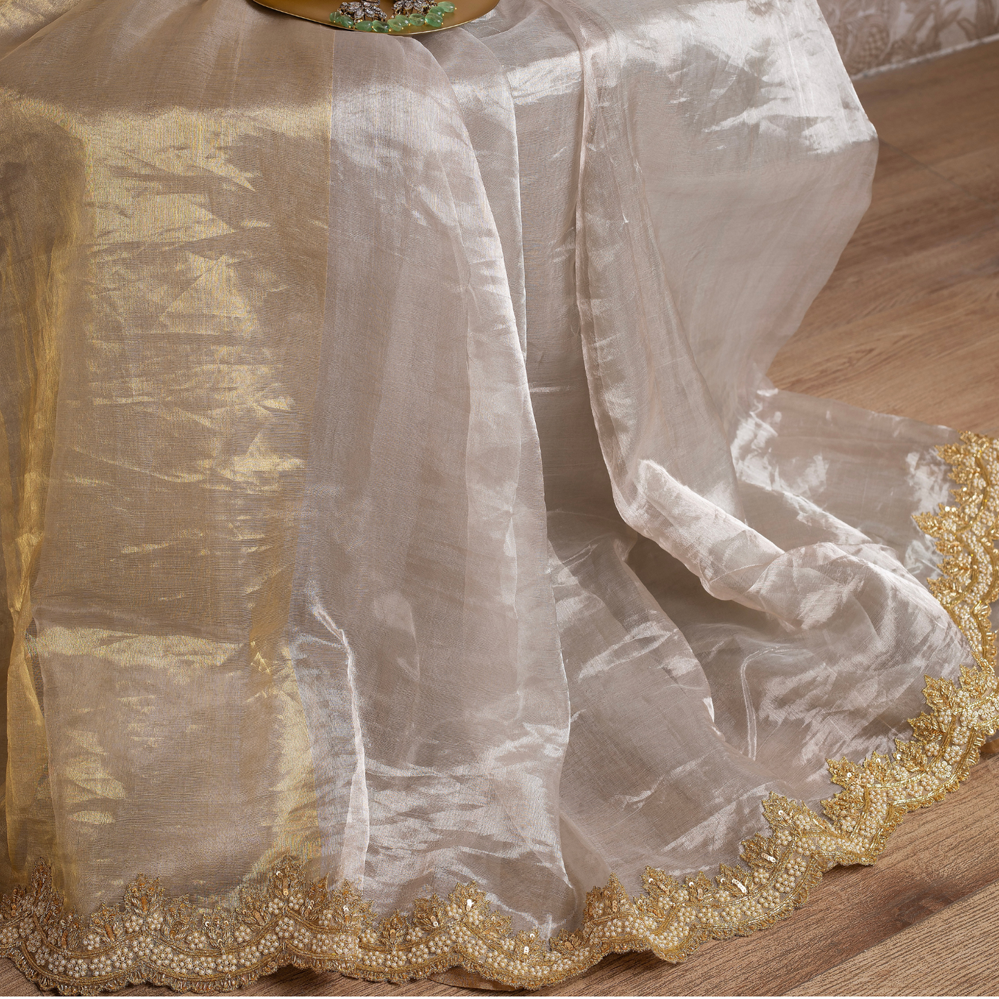 Antique Gold and White Chanderi Tissue Saree