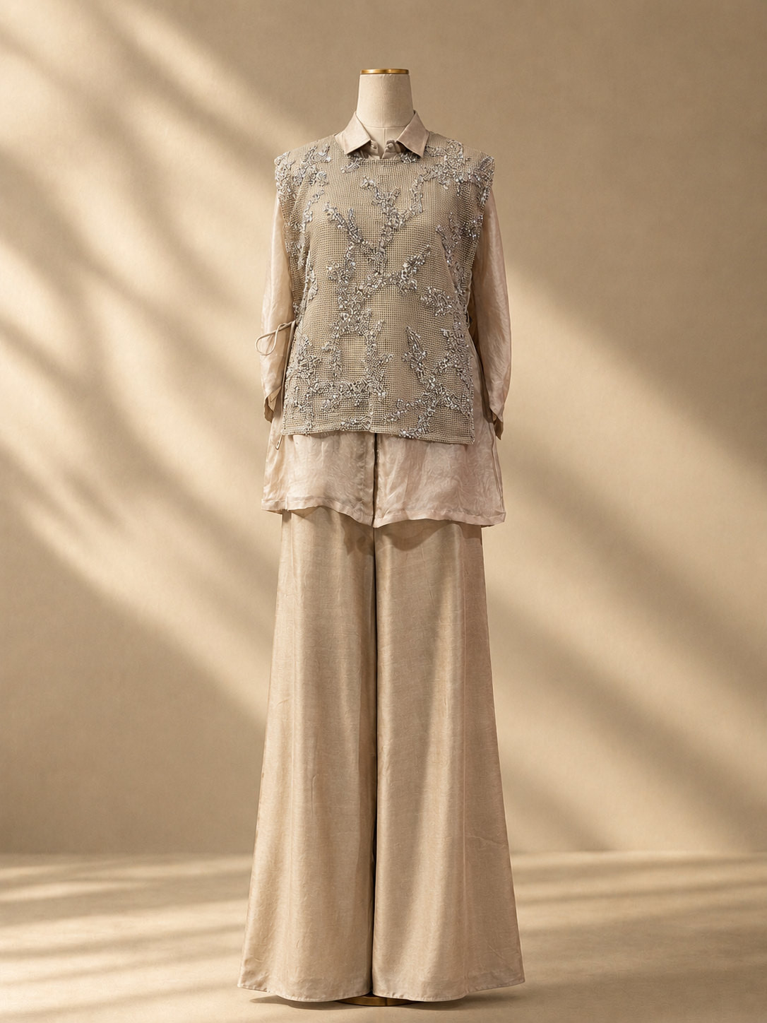 Nude Silk Organza Short Kurta Set with Embroidered Vest and Wide-Leg Pants