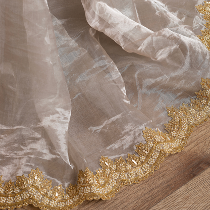 Antique Gold and White Chanderi Tissue Saree