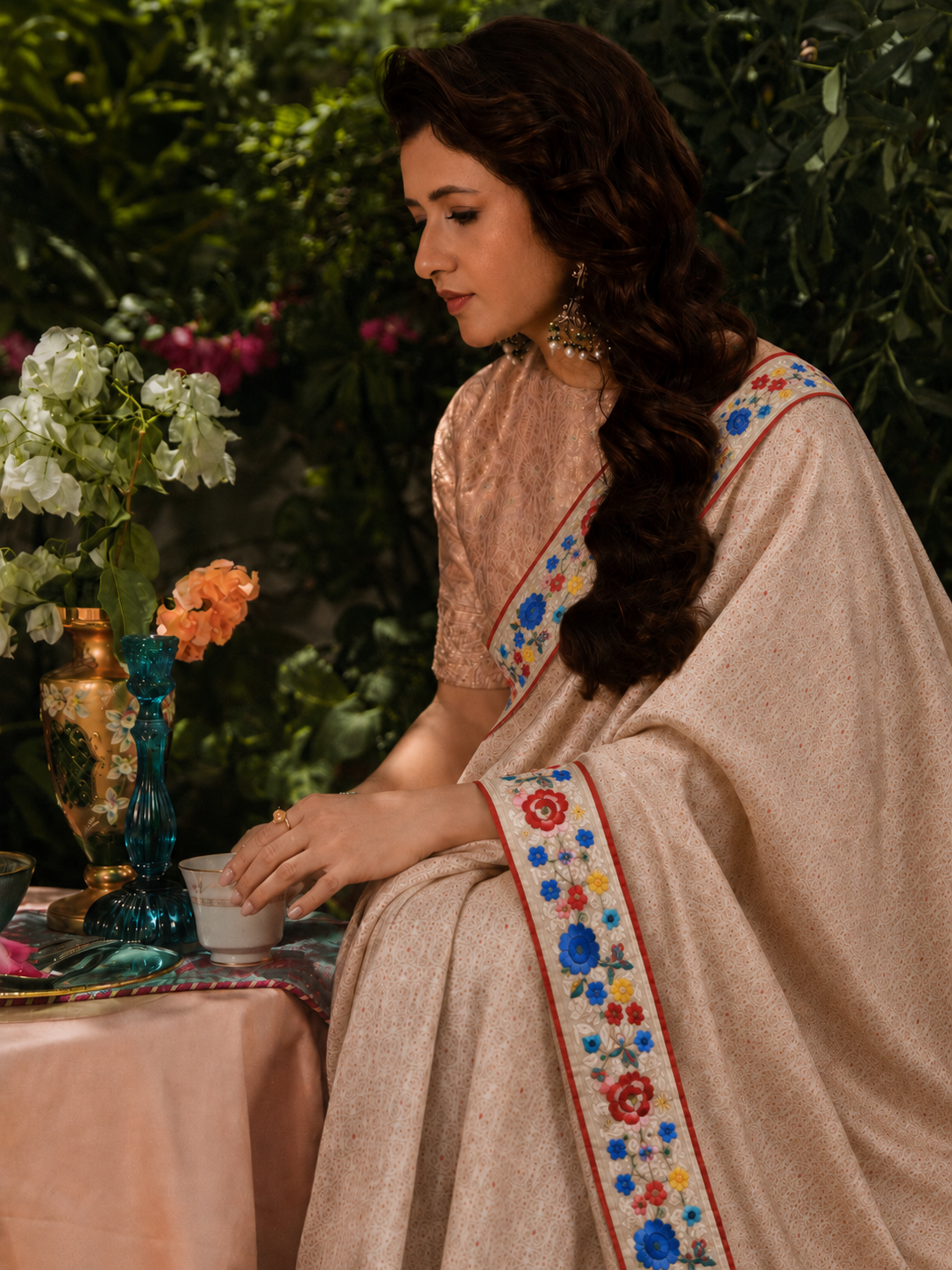 Handwoven Paani Gold Banarasi with a Hand Embroidered Parsi Garra Border