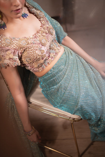 Celeste Aqua Shimmer Saree with Separate Embroidered Blouse