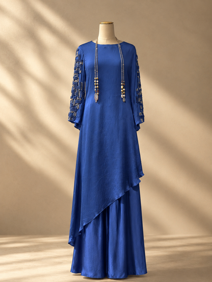 Copper Blue Silk crepe kurta set with overlap pants