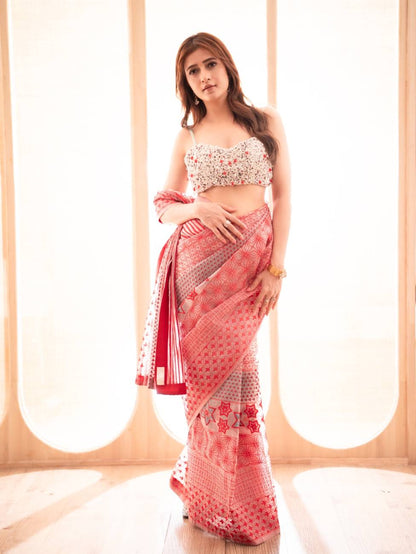 Geometry Oragnza Embroided Saree With Separate Blouse (blouse discount price on request)