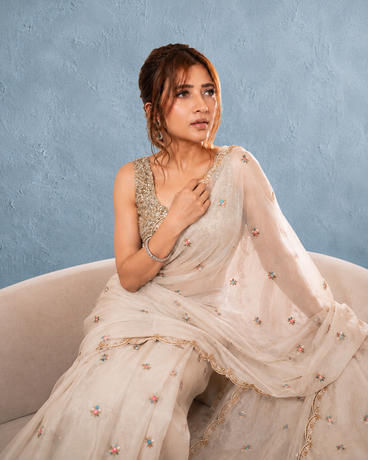 Off White Cotton Saree with Floral Embroidery and Gota Patti Border