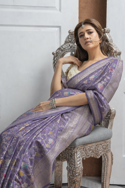 Regal Violet Katan Meenakari Banarasi Jaal Saree