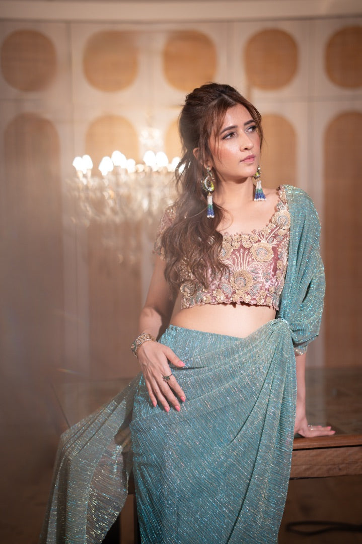 Celeste Aqua Shimmer Saree with Separate Embroidered Blouse