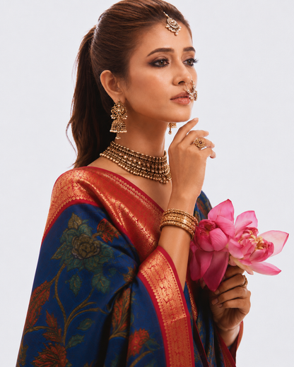 Navy Blue Kalamkari Saree with Kanjivaram Border