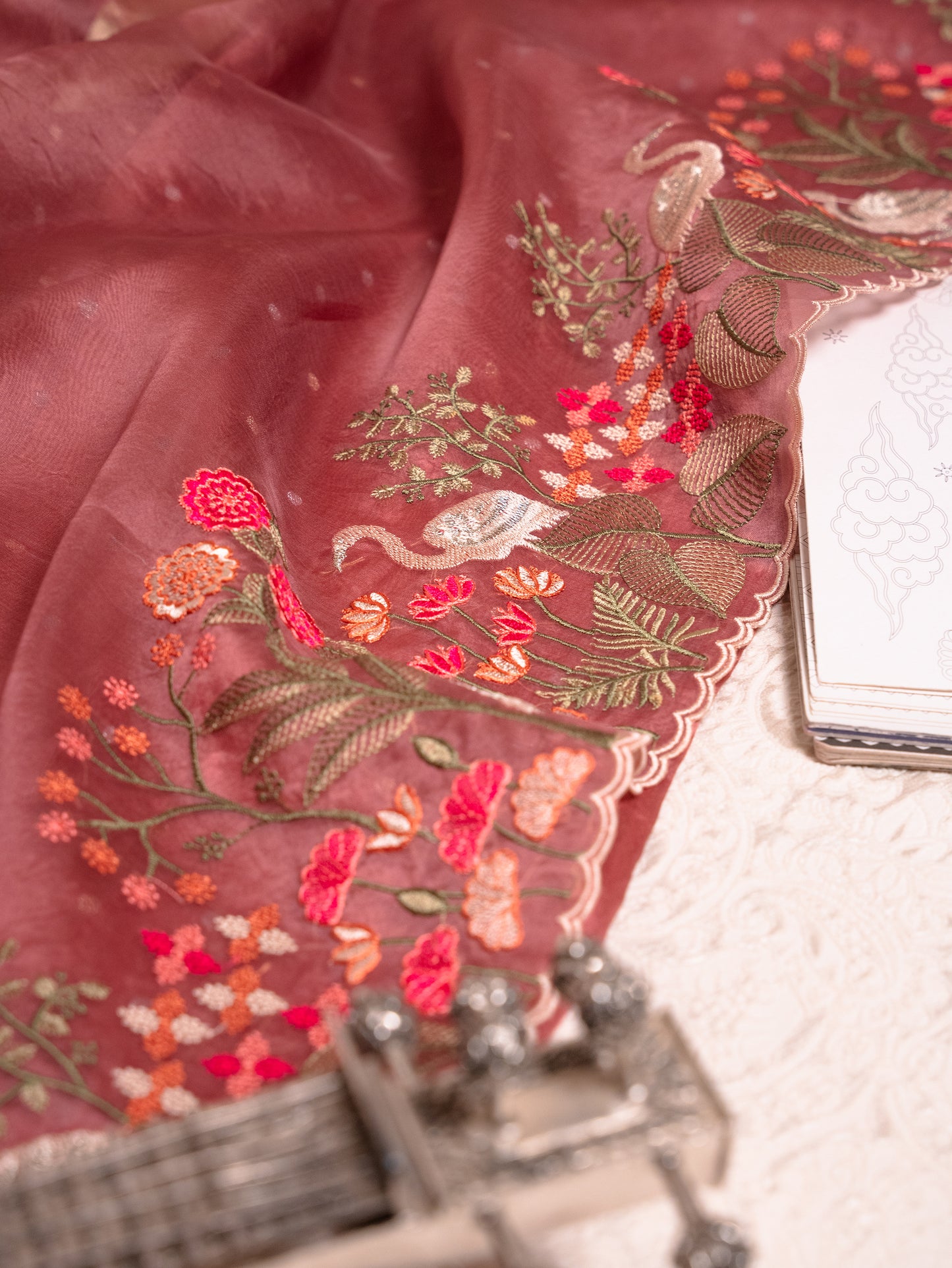 Blush Pink Tissue Silk Saree with Embroidered Flamingo Border