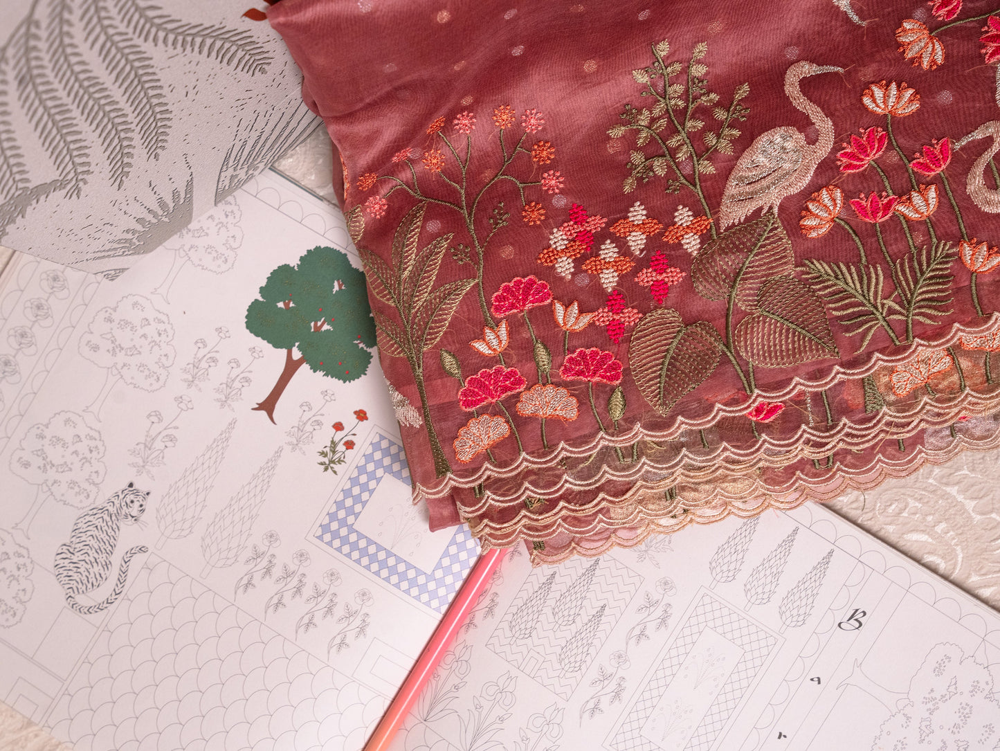 Blush Pink Tissue Silk Saree with Embroidered Flamingo Border