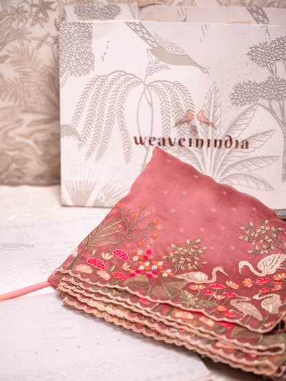 Blush Pink Tissue Silk Saree with Embroidered Flamingo Border