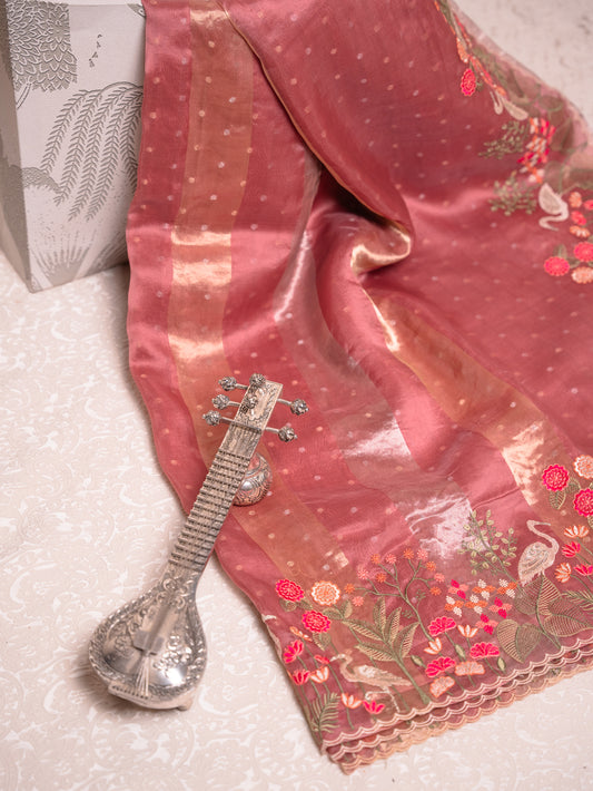 Blush Pink Tissue Silk Saree with Embroidered Flamingo Border