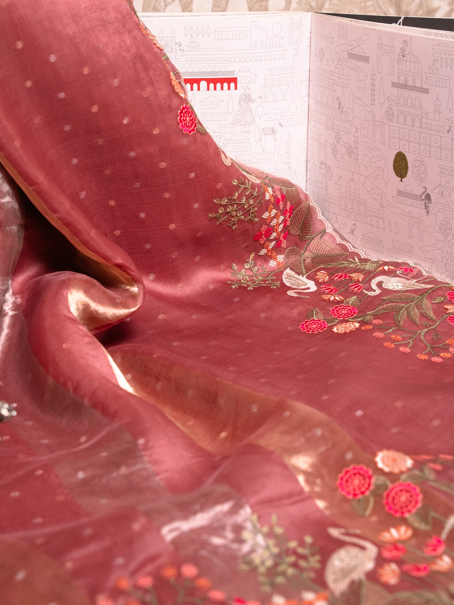 Blush Pink Tissue Silk Saree with Embroidered Flamingo Border