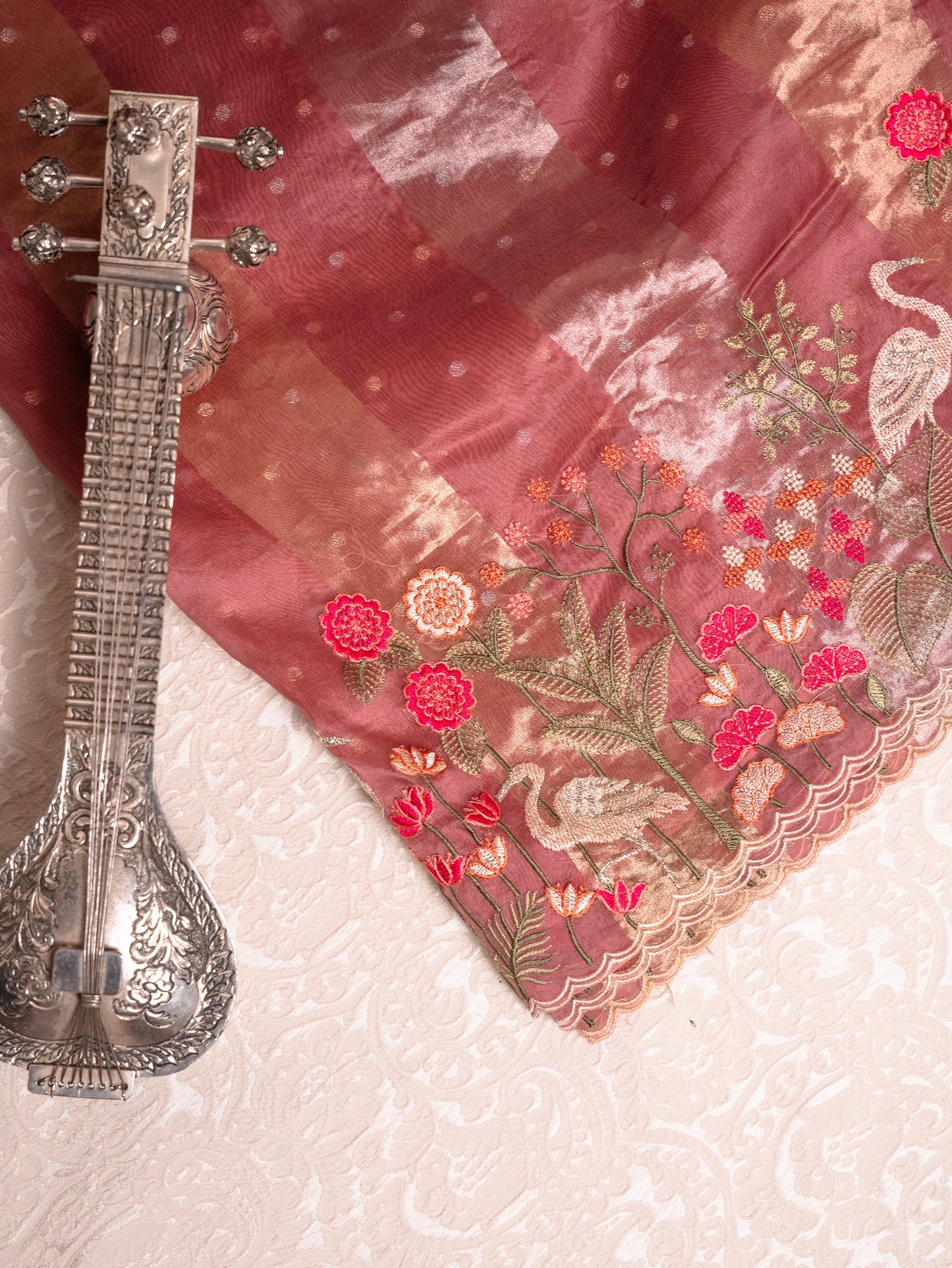 Blush Pink Tissue Silk Saree with Embroidered Flamingo Border