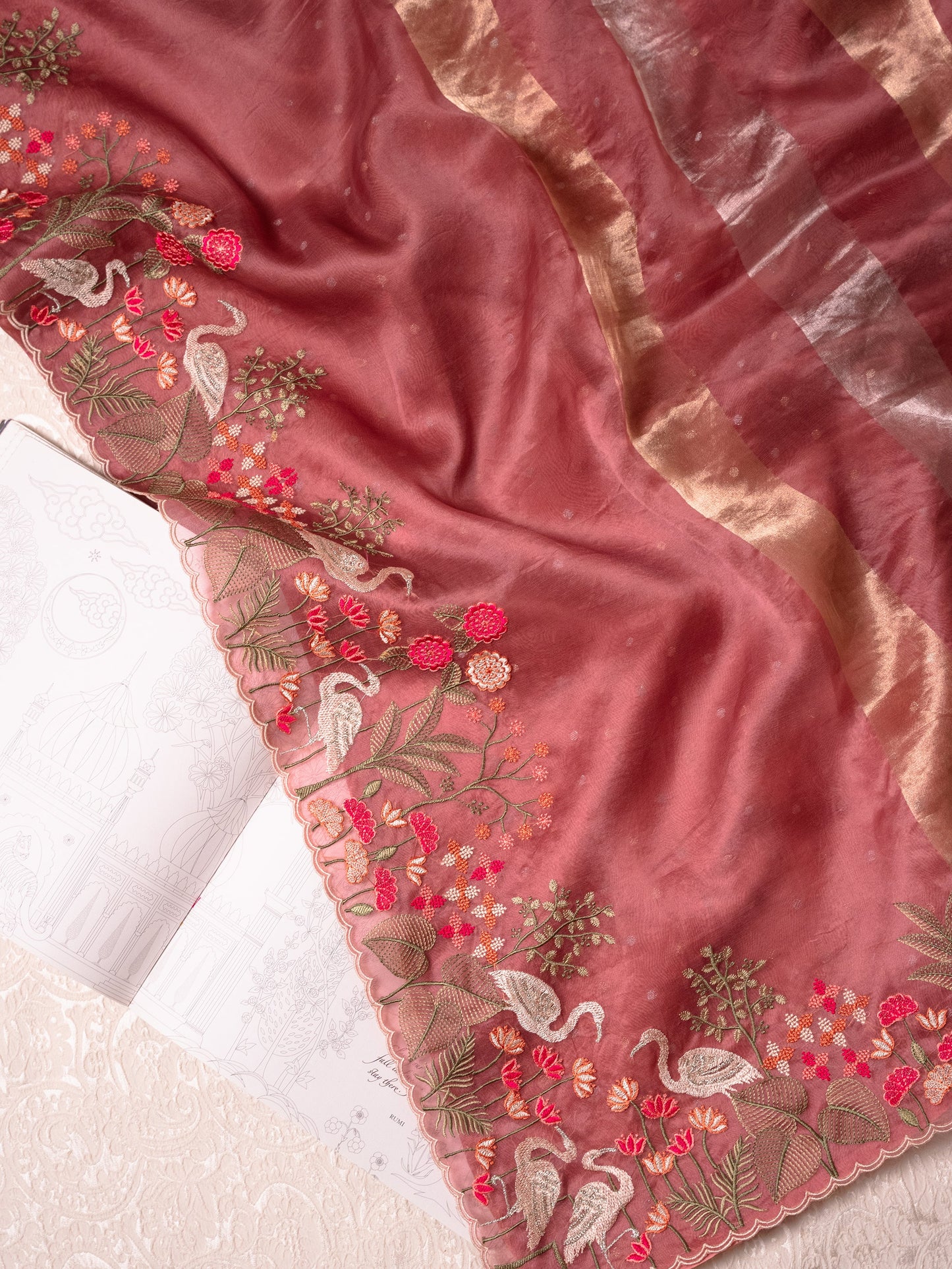 Blush Pink Tissue Silk Saree with Embroidered Flamingo Border