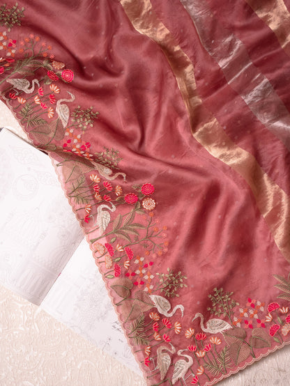 Blush Pink Tissue Silk Saree with Embroidered Flamingo Border