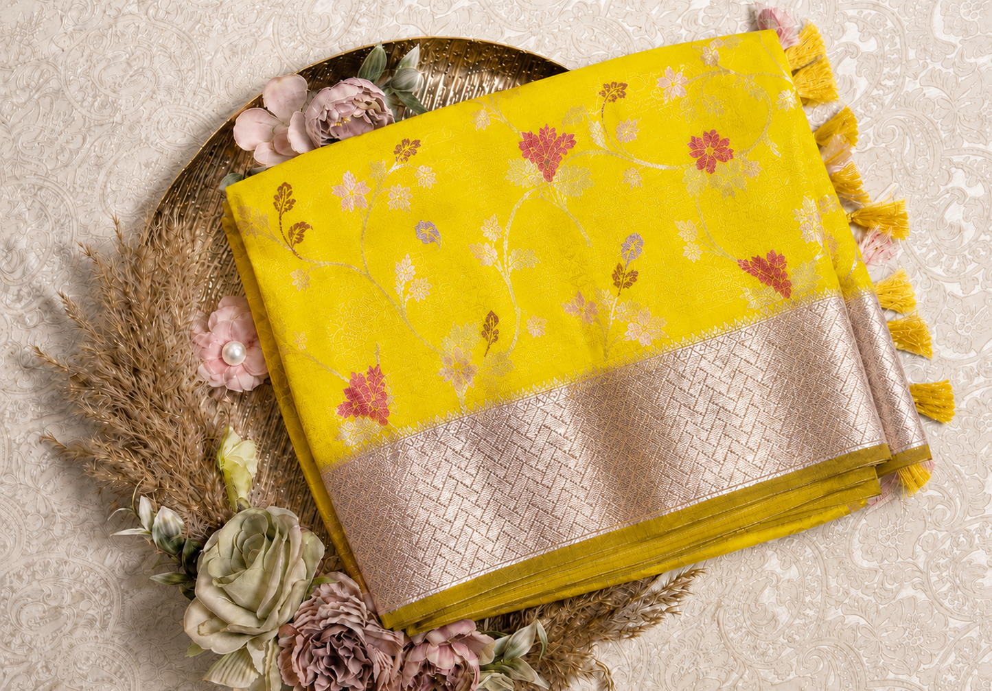Lemon Zari Kota Saree with Floral Jaal