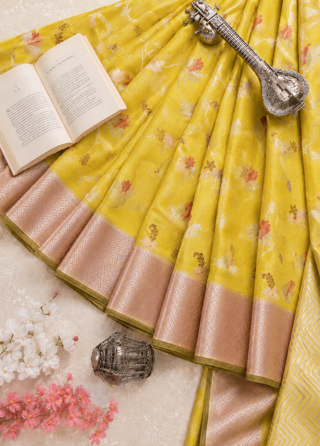 Lemon Zari Kota Saree with Floral Jaal