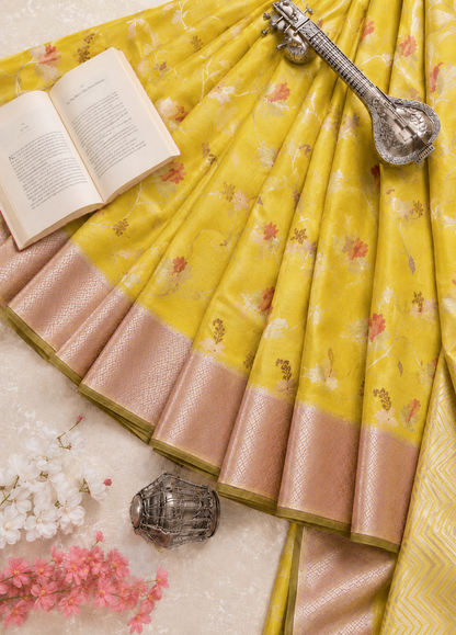 Lemon Zari Kota Saree with Floral Jaal