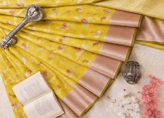Lemon Zari Kota Saree with Floral Jaal
