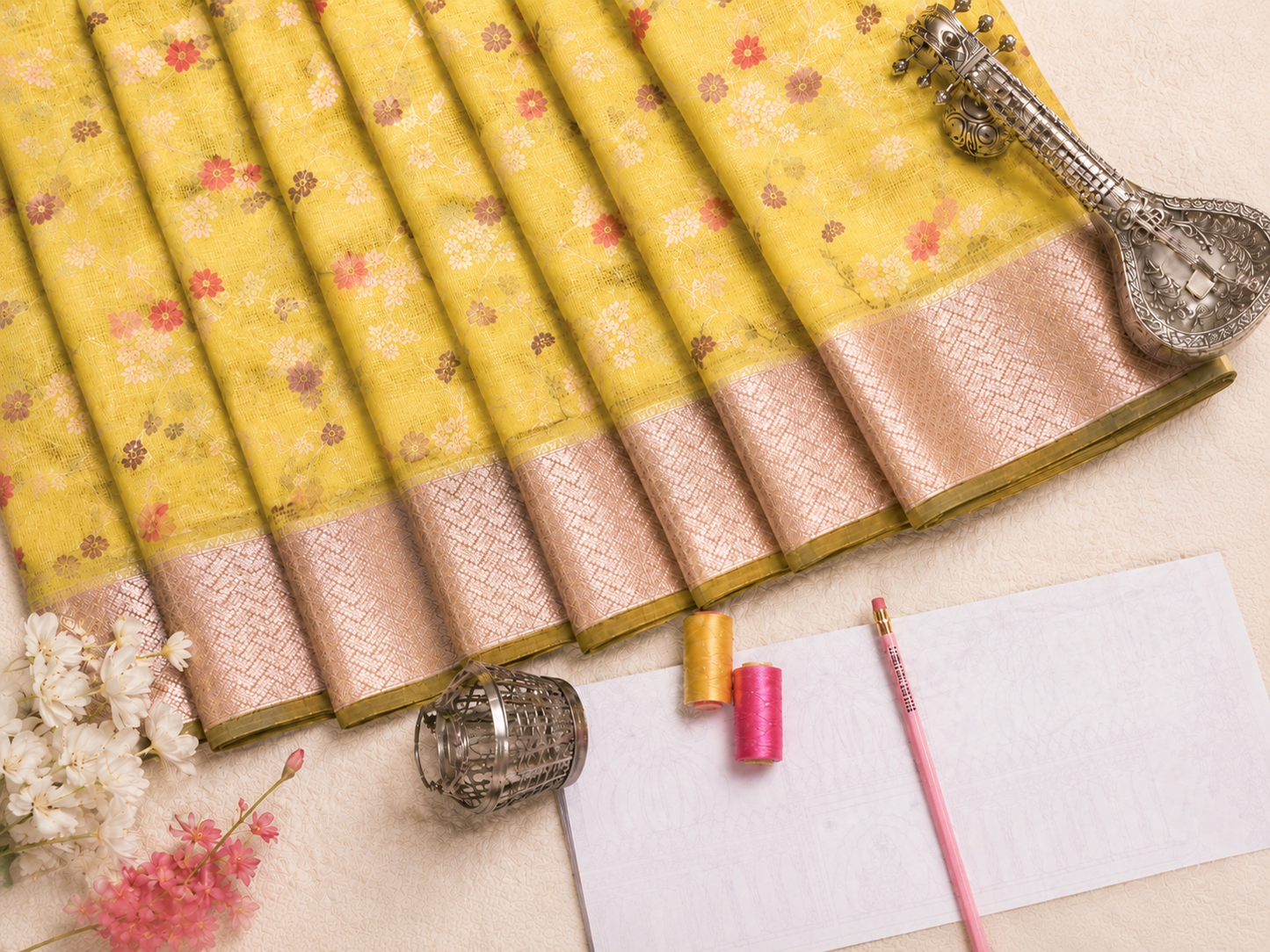 Lemon Zari Kota Saree with Floral Jaal