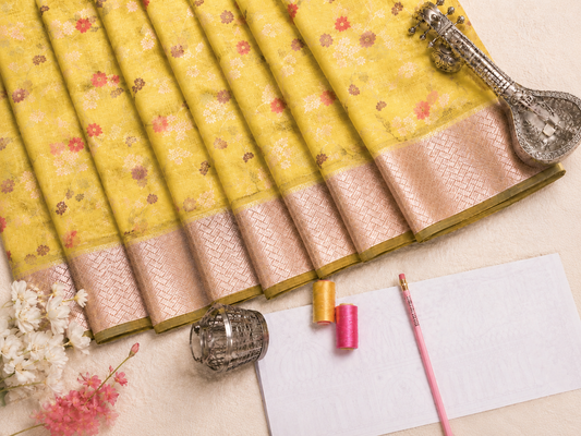 Lemon Zari Kota Saree with Floral Jaal