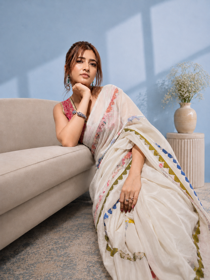 Off White Cotton Saree with Colourful Patchwork Stripes and Beaded Border