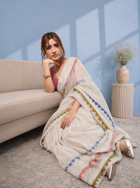 Off White Cotton Saree with Colourful Patchwork Stripes and Beaded Border